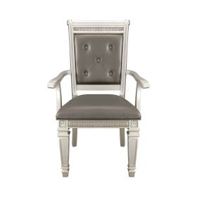 Modern Glam Silver Finish Dining Furniture Set of 2 Armchairs Gray Faux Leather Upholstered Wooden Dining Room Furniture