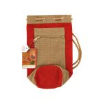 Red & Natural Drawstring Burlap Wine Tote Bag