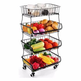 Fruit Vegetable Storage Basket for Kitchen - 4 tier Stackable Metal Wire Baskets Cart with Rolling Wheels Utility Fruits Rack Produce Snack Organizer (Color: as picture)